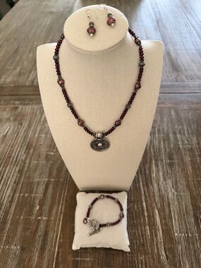 Handcrafted Maroon Bead Necklace, Bracelet & Earring Set with Silver Pendant